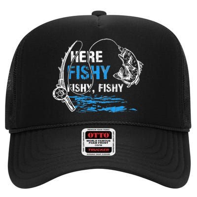 Here Fishy Funny Fishing Fishermen Fish Graphic High Crown Mesh Back Trucker Hat