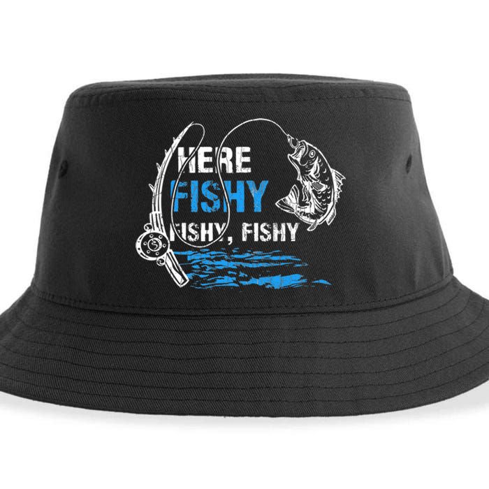 Here Fishy Funny Fishing Fishermen Fish Graphic Sustainable Bucket Hat