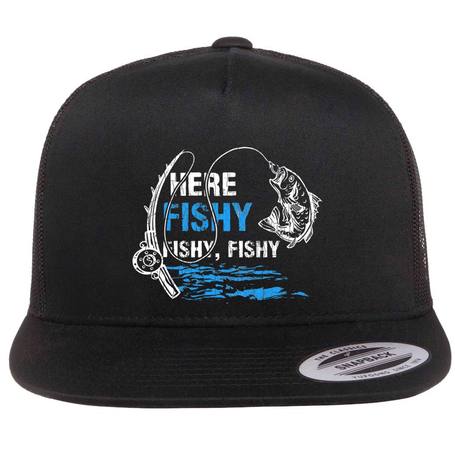Here Fishy Funny Fishing Fishermen Fish Graphic Flat Bill Trucker Hat