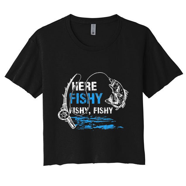 Here Fishy Funny Fishing Fishermen Fish Graphic Crop Top