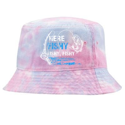 Here Fishy Funny Fishing Fishermen Fish Graphic Tie-Dyed Bucket Hat