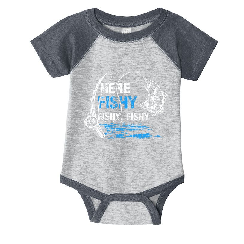 Here Fishy Funny Fishing Fishermen Fish Graphic Infant Baby Jersey Bodysuit