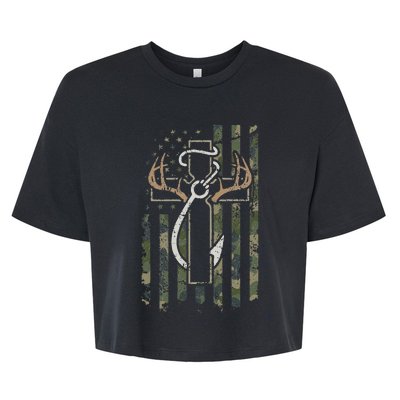 Hunting Fishing Faith Christian Hunter Fisherman Camo USA Bella+Canvas Jersey Crop Tee