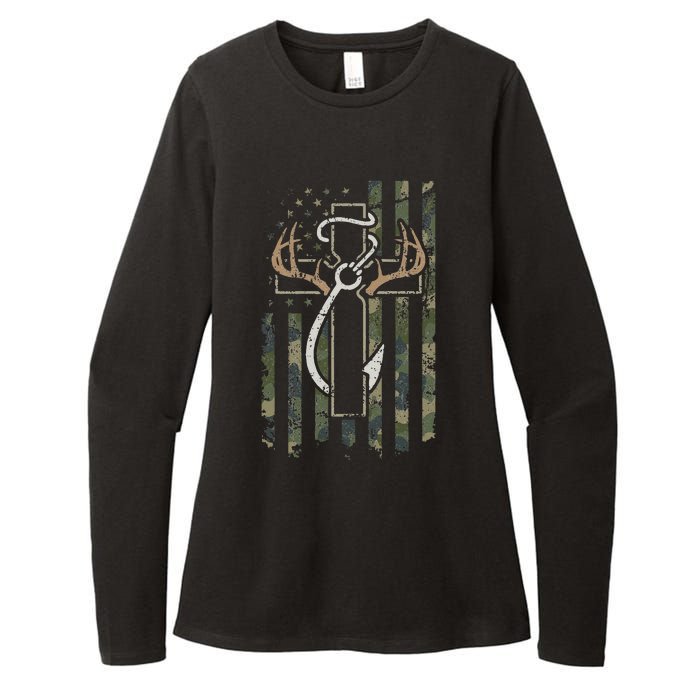 Hunting Fishing Faith Christian Hunter Fisherman Camo USA Womens CVC Long Sleeve Shirt