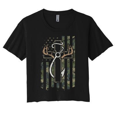 Hunting Fishing Faith Christian Hunter Fisherman Camo USA Women's Crop Top Tee