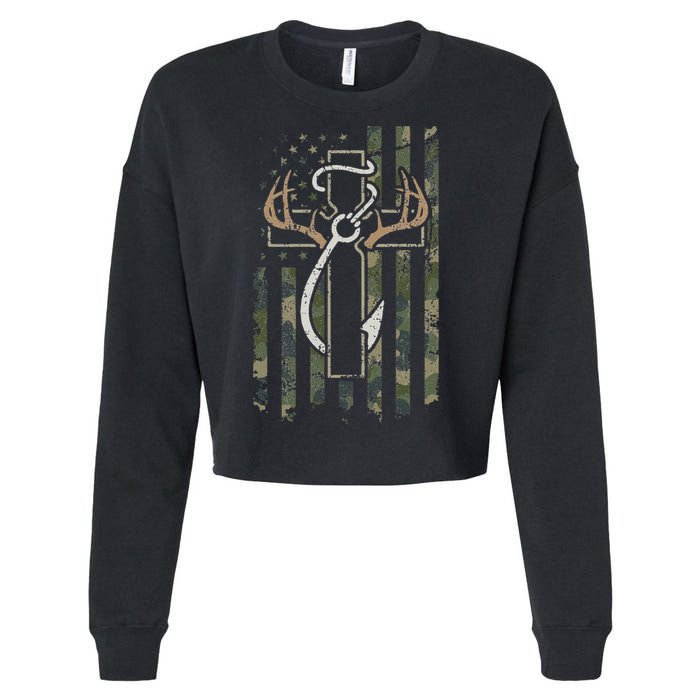 Hunting Fishing Faith Christian Hunter Fisherman Camo USA Cropped Pullover Crew