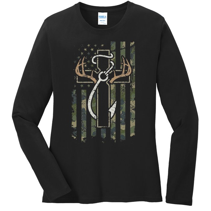 Hunting Fishing Faith Christian Hunter Fisherman Camo USA Ladies Long Sleeve Shirt