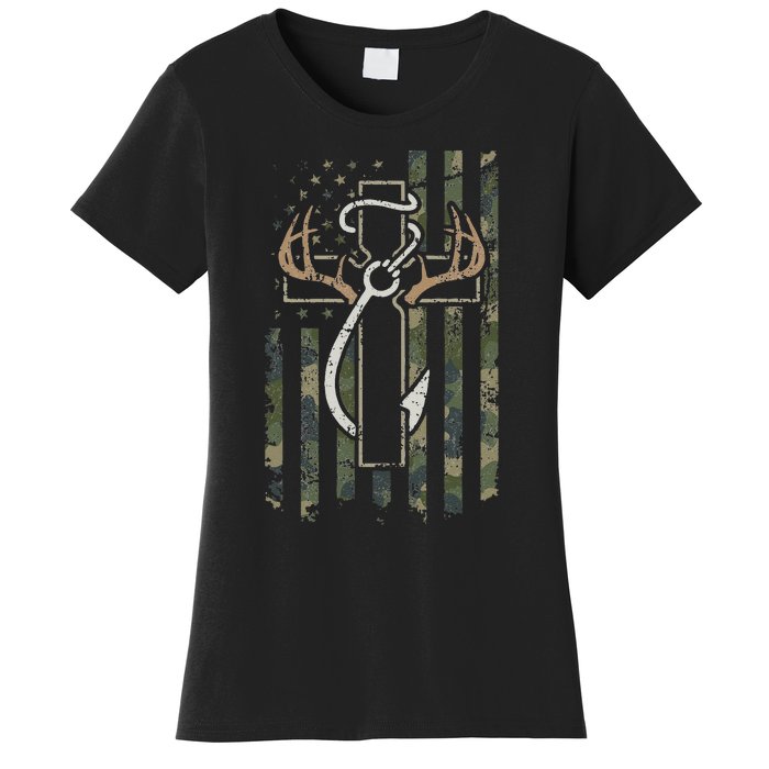 Hunting Fishing Faith Christian Hunter Fisherman Camo USA Women's T-Shirt