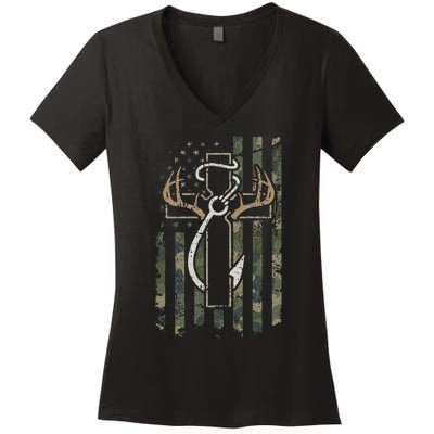 Hunting Fishing Faith Christian Hunter Fisherman Camo USA Women's V-Neck T-Shirt