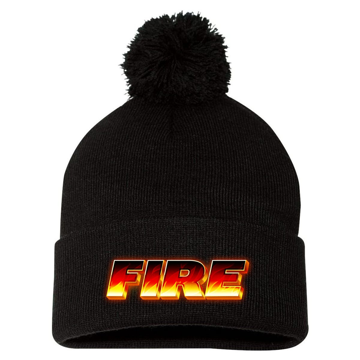 Hot Fire Flames Pom Pom 12in Knit Beanie
