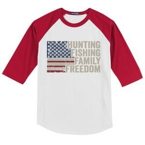 Hunting Fishing Family And Freedom / Usa Flag Fisher Hunter Cool Gift Kids Colorblock Raglan Jersey