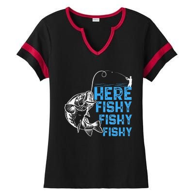 Here Fishy Funny Fishkeeping Aquarist Aquarium Graphic Ladies Halftime Notch Neck Tee