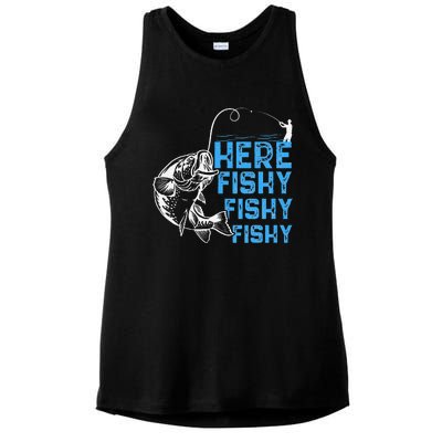 Here Fishy Funny Fishkeeping Aquarist Aquarium Graphic Ladies PosiCharge Tri-Blend Wicking Tank