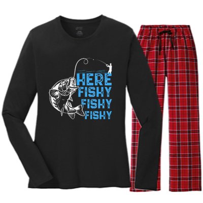 Here Fishy Funny Fishkeeping Aquarist Aquarium Graphic Women's Long Sleeve Flannel Pajama Set 