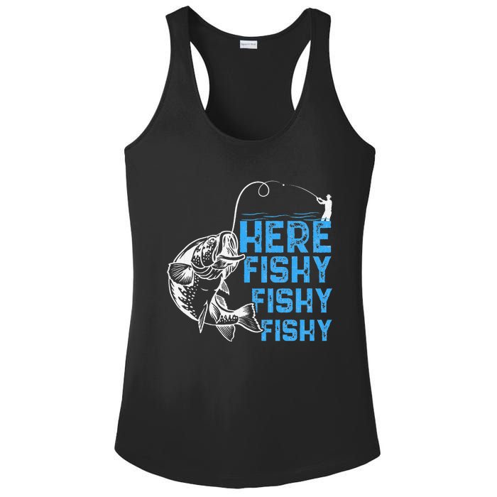 Here Fishy Funny Fishkeeping Aquarist Aquarium Graphic Ladies PosiCharge Competitor Racerback Tank