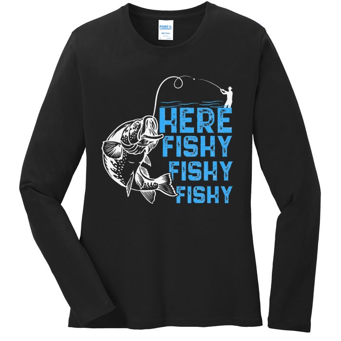 Here Fishy Funny Fishkeeping Aquarist Aquarium Graphic Ladies Long Sleeve Shirt