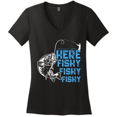 Here Fishy Funny Fishkeeping Aquarist Aquarium Graphic Women's V-Neck T-Shirt