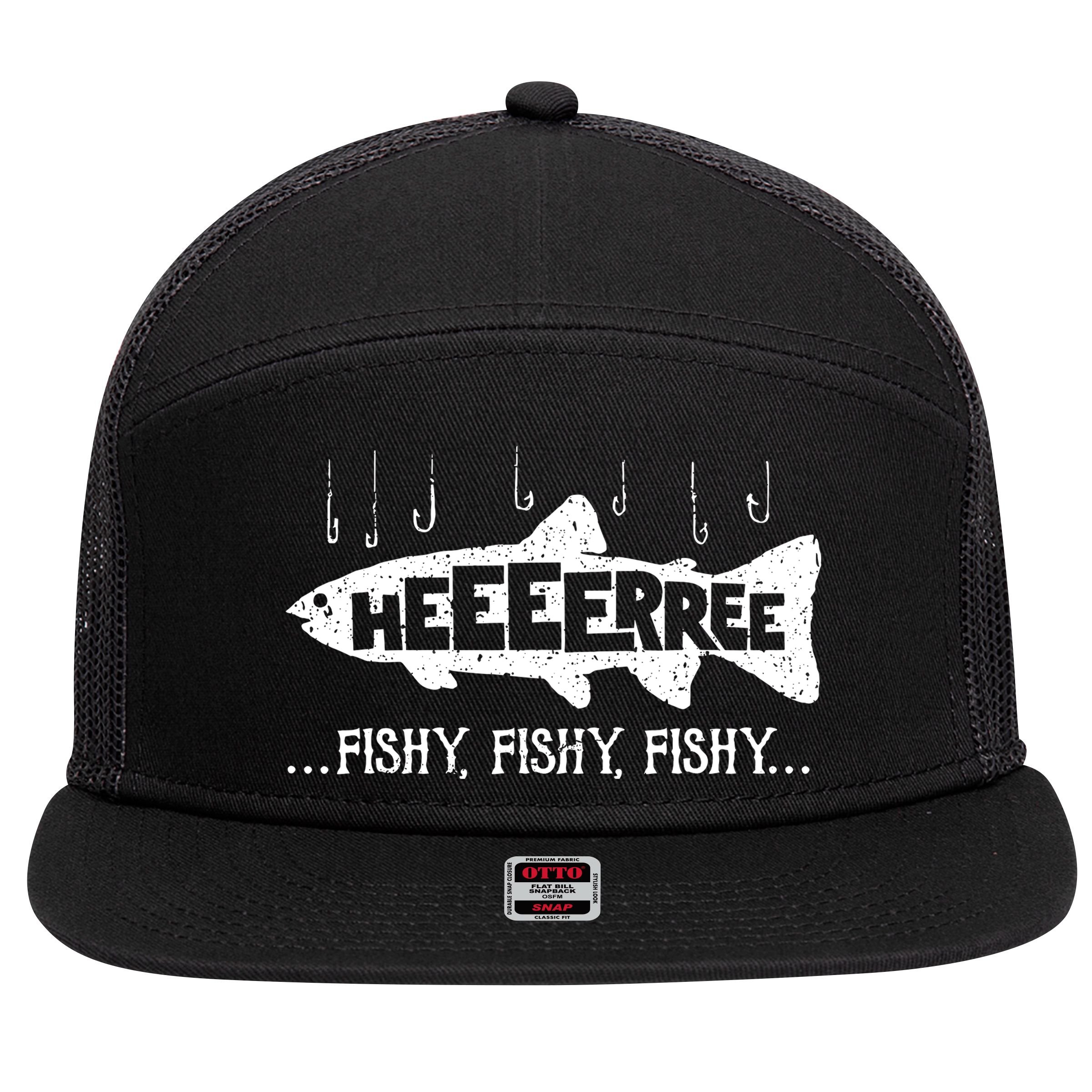 Here Fishy Funny Fish Fishing Lovers Heeeerree Fishy Fishy 7 Panel Mesh Trucker Snapback Hat