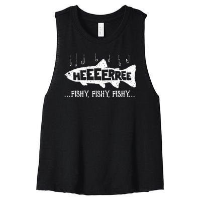 Here Fishy Funny Fish Fishing Lovers Heeeerree Fishy Fishy Women's Racerback Cropped Tank