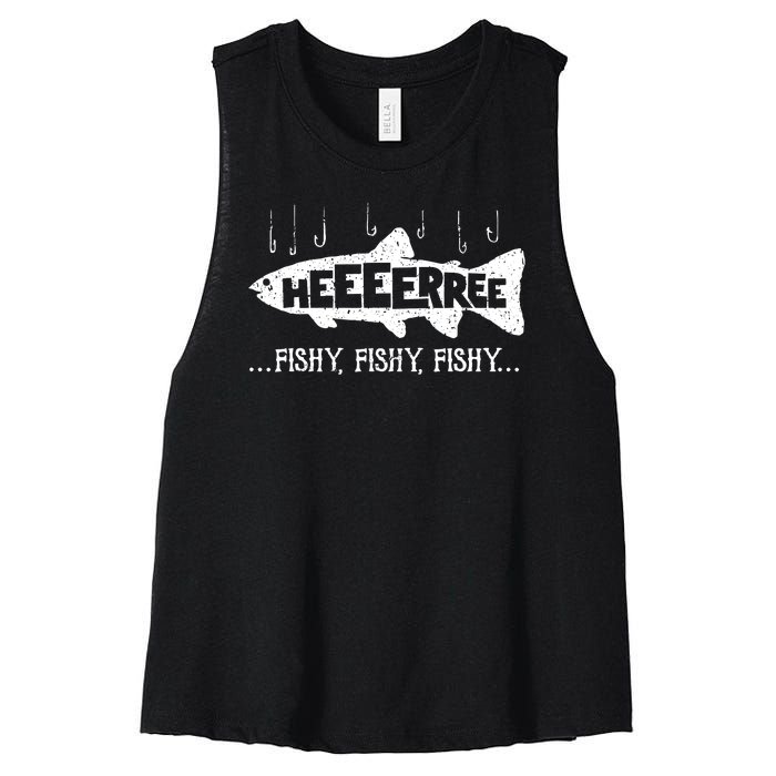 Here Fishy Funny Fish Fishing Lovers Heeeerree Fishy Fishy Women's Racerback Cropped Tank