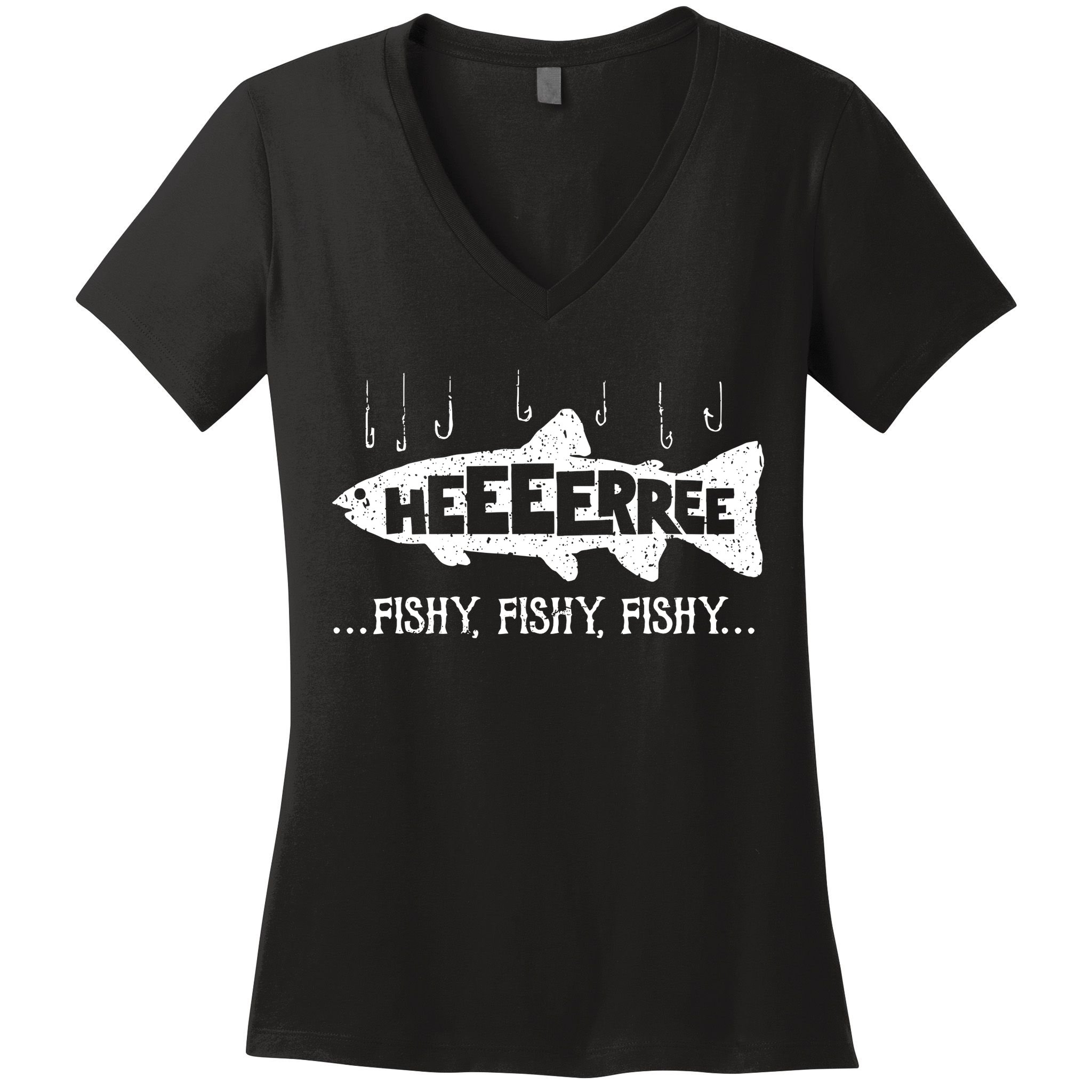 Here Fishy Funny Fish Fishing Lovers Heeeerree Fishy Fishy Women's V-Neck T-Shirt