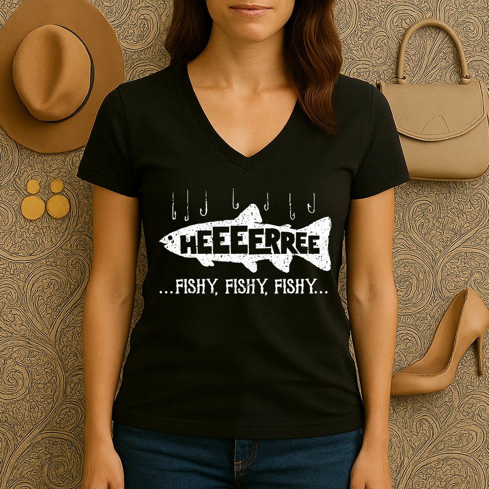 Here Fishy Funny Fish Fishing Lovers Heeeerree Fishy Fishy Women's V-Neck T-Shirt