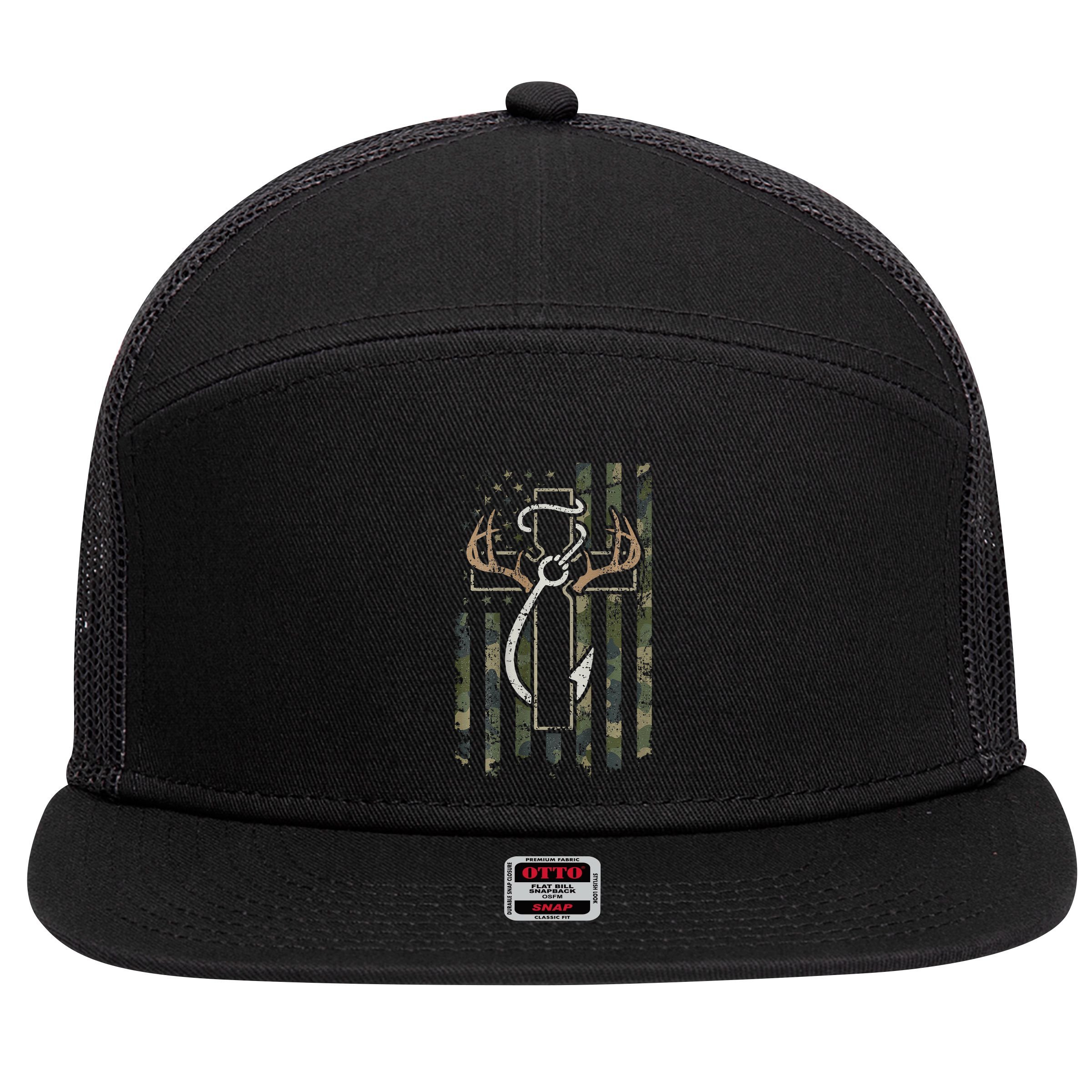 Hunting Fishing Faith Hunter Fisherman Camo Usa On Back 7 Panel Mesh Trucker Snapback Hat
