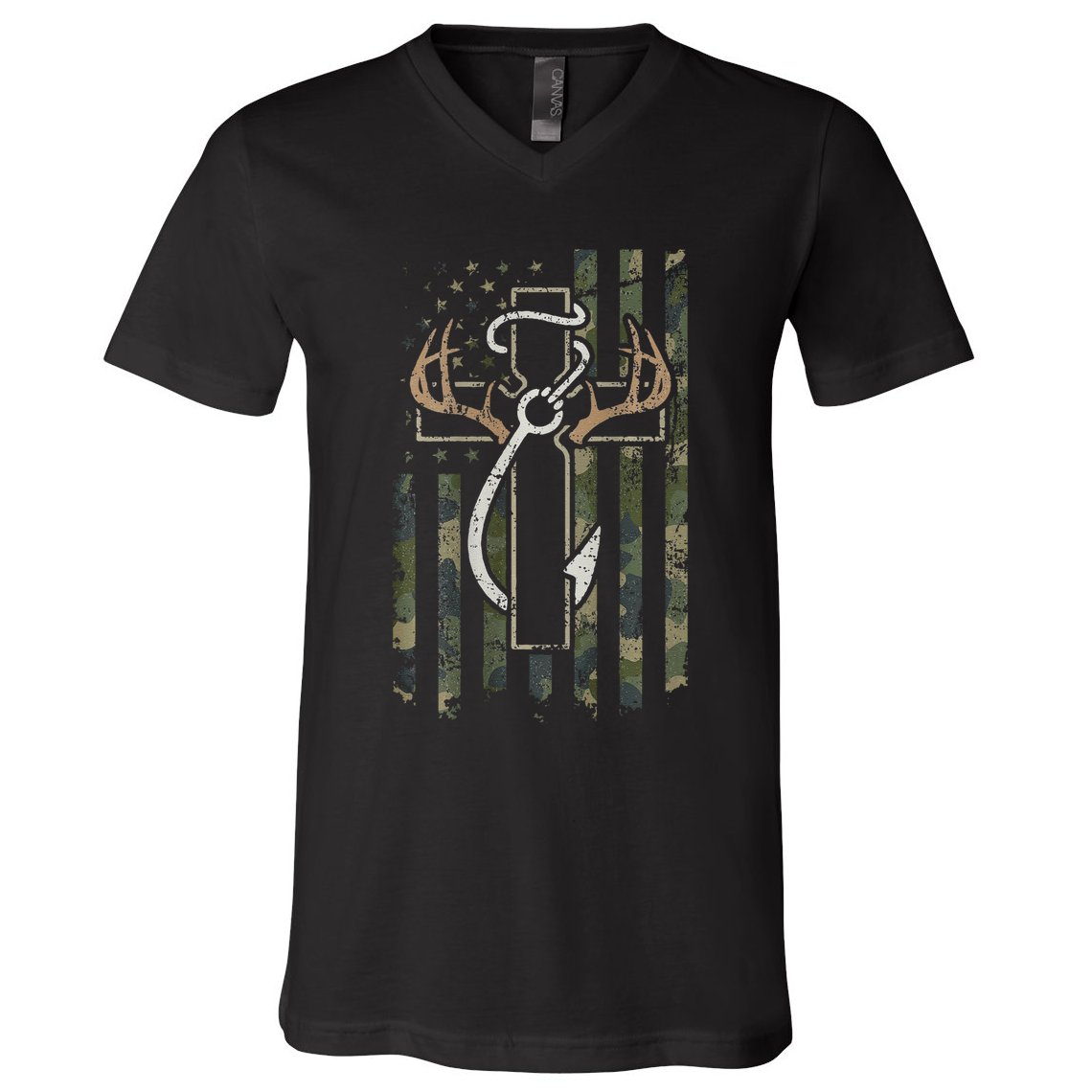 Hunting Fishing Faith Hunter Fisherman Camo Usa On Back V-Neck T-Shirt