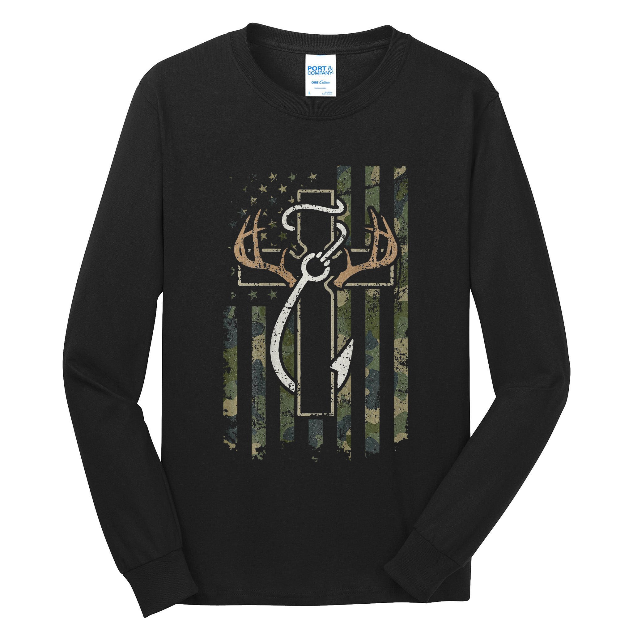 Hunting Fishing Faith Hunter Fisherman Camo Usa On Back Tall Long Sleeve T-Shirt