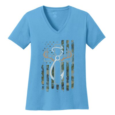 Hunting Fishing Faith Hunter Fisherman Camo Usa On Back Women's V-Neck T-Shirt