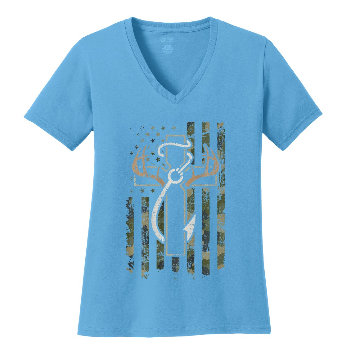 Hunting Fishing Faith Hunter Fisherman Camo Usa On Back Women's V-Neck T-Shirt