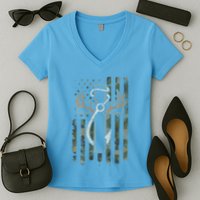 Hunting Fishing Faith Hunter Fisherman Camo Usa On Back Women's V-Neck T-Shirt