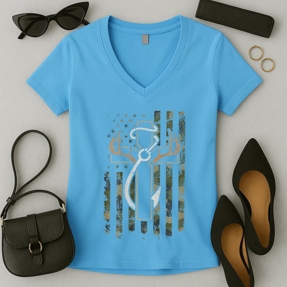 Hunting Fishing Faith Hunter Fisherman Camo Usa On Back Women's V-Neck T-Shirt