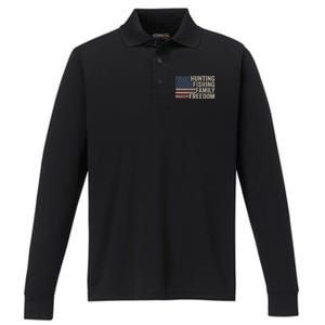 Hunting Fishing Family And Freedom / Usa Flag Fisher Hunter Gift Performance Long Sleeve Polo