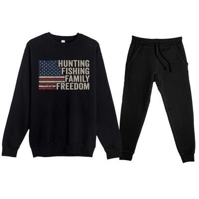 Hunting Fishing Family And Freedom / Usa Flag Fisher Hunter Gift Premium Crewneck Sweatsuit Set