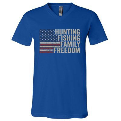 Hunting Fishing Family And Freedom / Usa Flag Fisher Hunter Gift V-Neck T-Shirt