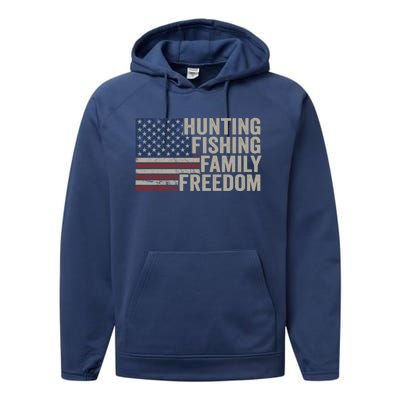 Hunting Fishing Family And Freedom / Usa Flag Fisher Hunter Gift Performance Fleece Hoodie