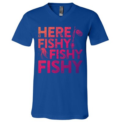 Here Fishy Fishy Fishy Gift Fisher Gifcool Gift V-Neck T-Shirt