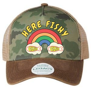 Here Fishy Fishy Fishy Funny Retro Rainbow Legacy Tie Dye Trucker Hat