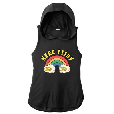 Here Fishy Fishy Fishy Funny Retro Rainbow Ladies PosiCharge Tri-Blend Wicking Draft Hoodie Tank