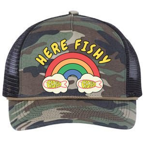 Here Fishy Fishy Fishy Funny Retro Rainbow Retro Rope Trucker Hat Cap