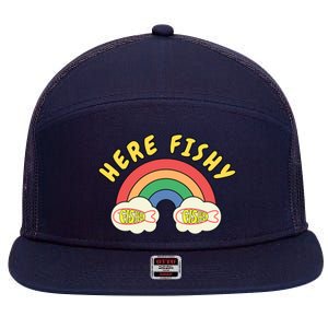 Here Fishy Fishy Fishy Funny Retro Rainbow 7 Panel Mesh Trucker Snapback Hat