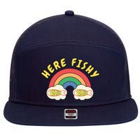 Here Fishy Fishy Fishy Funny Retro Rainbow 7 Panel Mesh Trucker Snapback Hat