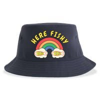 Here Fishy Fishy Fishy Funny Retro Rainbow Sustainable Bucket Hat