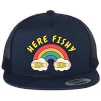 Here Fishy Fishy Fishy Funny Retro Rainbow Flat Bill Trucker Hat