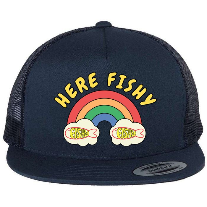 Here Fishy Fishy Fishy Funny Retro Rainbow Flat Bill Trucker Hat