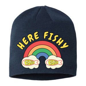 Here Fishy Fishy Fishy Funny Retro Rainbow Sustainable Beanie