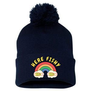 Here Fishy Fishy Fishy Funny Retro Rainbow Pom Pom 12in Knit Beanie