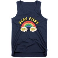 Here Fishy Fishy Fishy Funny Retro Rainbow Tank Top