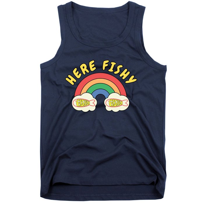 Here Fishy Fishy Fishy Funny Retro Rainbow Tank Top